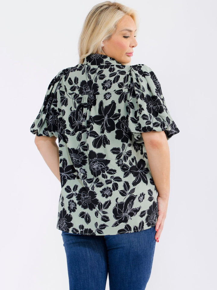 PLUS SIZE SHORT PUFF SLEEVE BUTTON UP FLORAL BLOUSE