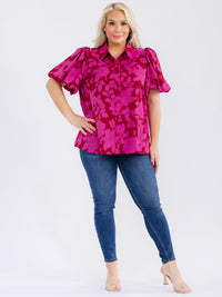 PLUS SIZE SHORT PUFF SLEEVE BUTTON UP FLORAL BLOUSE