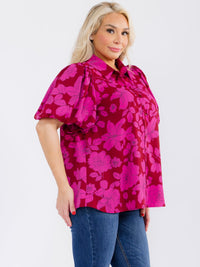 PLUS SIZE SHORT PUFF SLEEVE BUTTON UP FLORAL BLOUSE