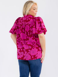 PLUS SIZE SHORT PUFF SLEEVE BUTTON UP FLORAL BLOUSE