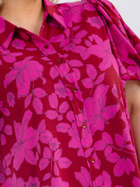 PLUS SIZE SHORT PUFF SLEEVE BUTTON UP FLORAL BLOUSE