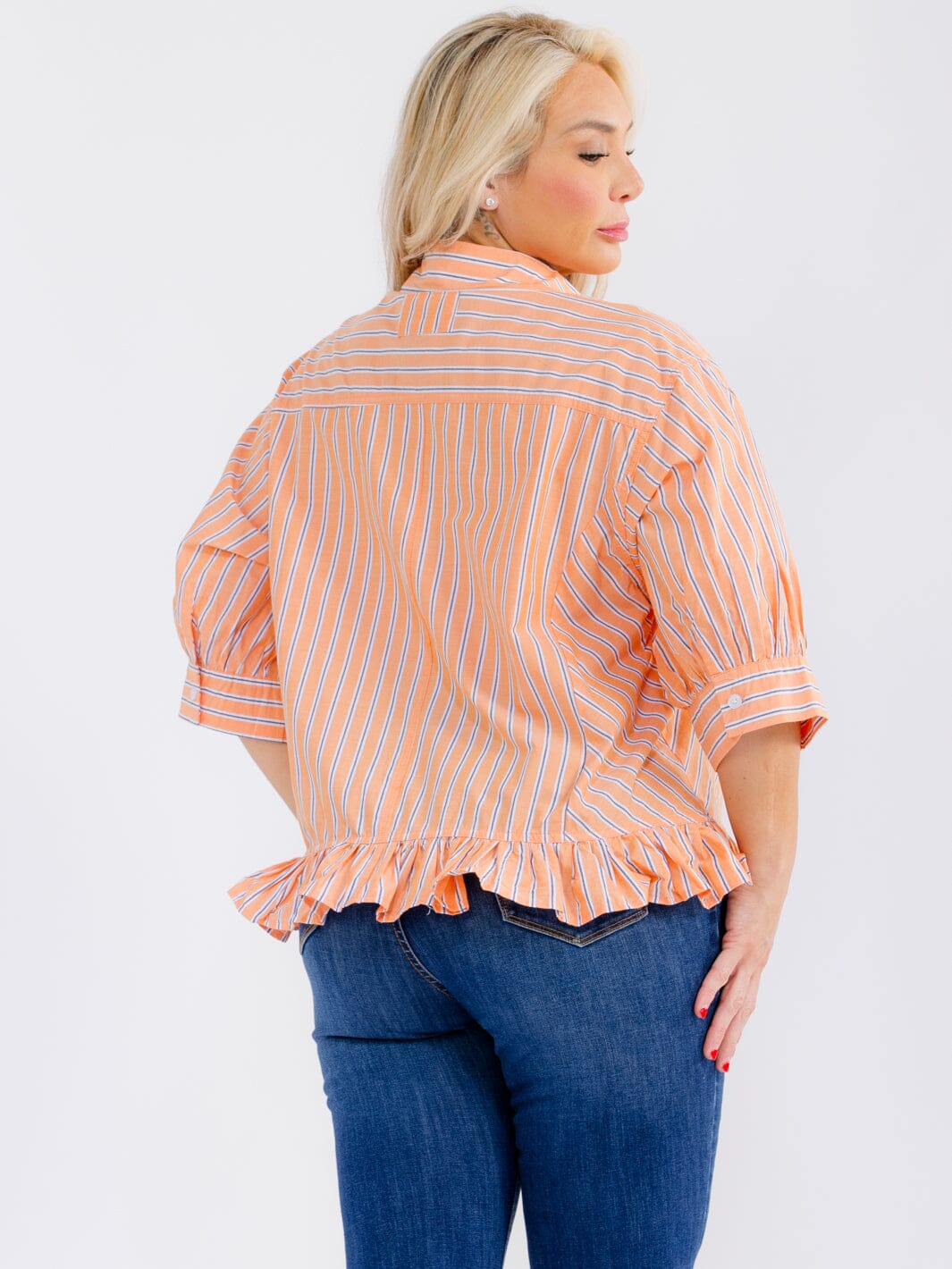 PLUS SIZE 3/4 SLEEVE BUTTON UP COLLAR RUFFLE BOTTOM HEM COLORBLOCK STRIPES BLOUSE