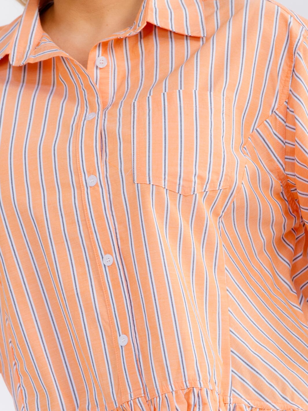 PLUS SIZE 3/4 SLEEVE BUTTON UP COLLAR RUFFLE BOTTOM HEM COLORBLOCK STRIPES BLOUSE