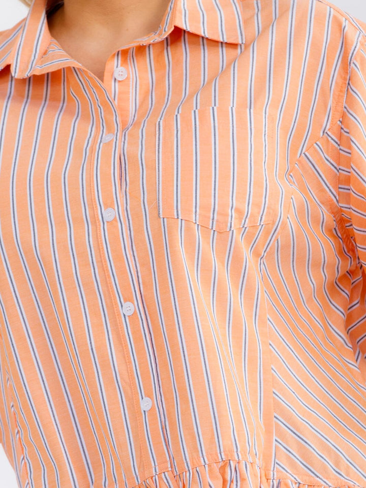 PLUS SIZE 3/4 SLEEVE BUTTON UP COLLAR RUFFLE BOTTOM HEM COLORBLOCK STRIPES BLOUSE