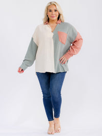 PLUS SIZE LONG SLEEVE BUTTON UP FRONT POCKET COLORBLOCK HIGH-LOW SHIRT