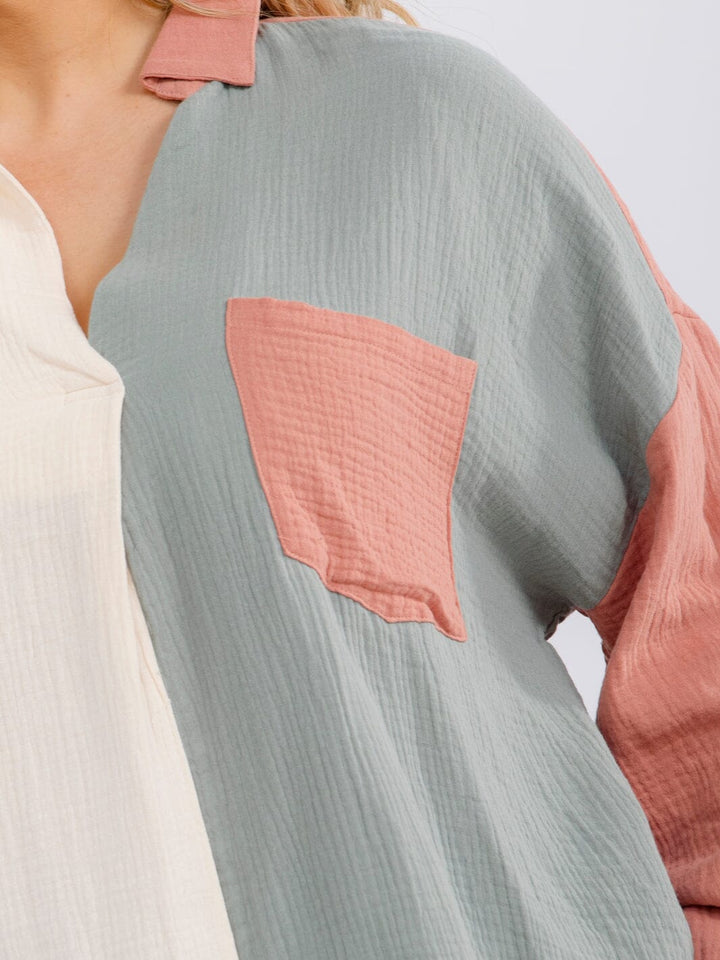 PLUS SIZE LONG SLEEVE BUTTON UP FRONT POCKET COLORBLOCK HIGH-LOW SHIRT