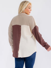 PLUS SIZE LONG SLEEVE BUTTON UP FRONT POCKET COLORBLOCK HIGH-LOW SHIRT