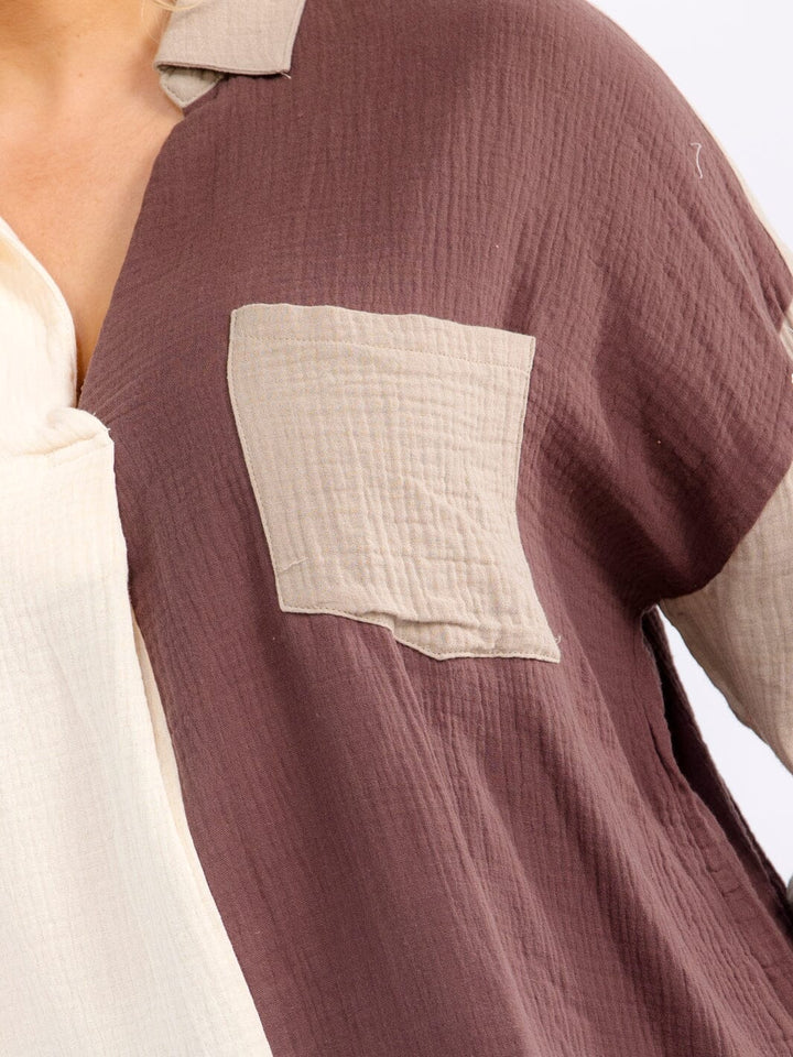 PLUS SIZE LONG SLEEVE BUTTON UP FRONT POCKET COLORBLOCK HIGH-LOW SHIRT