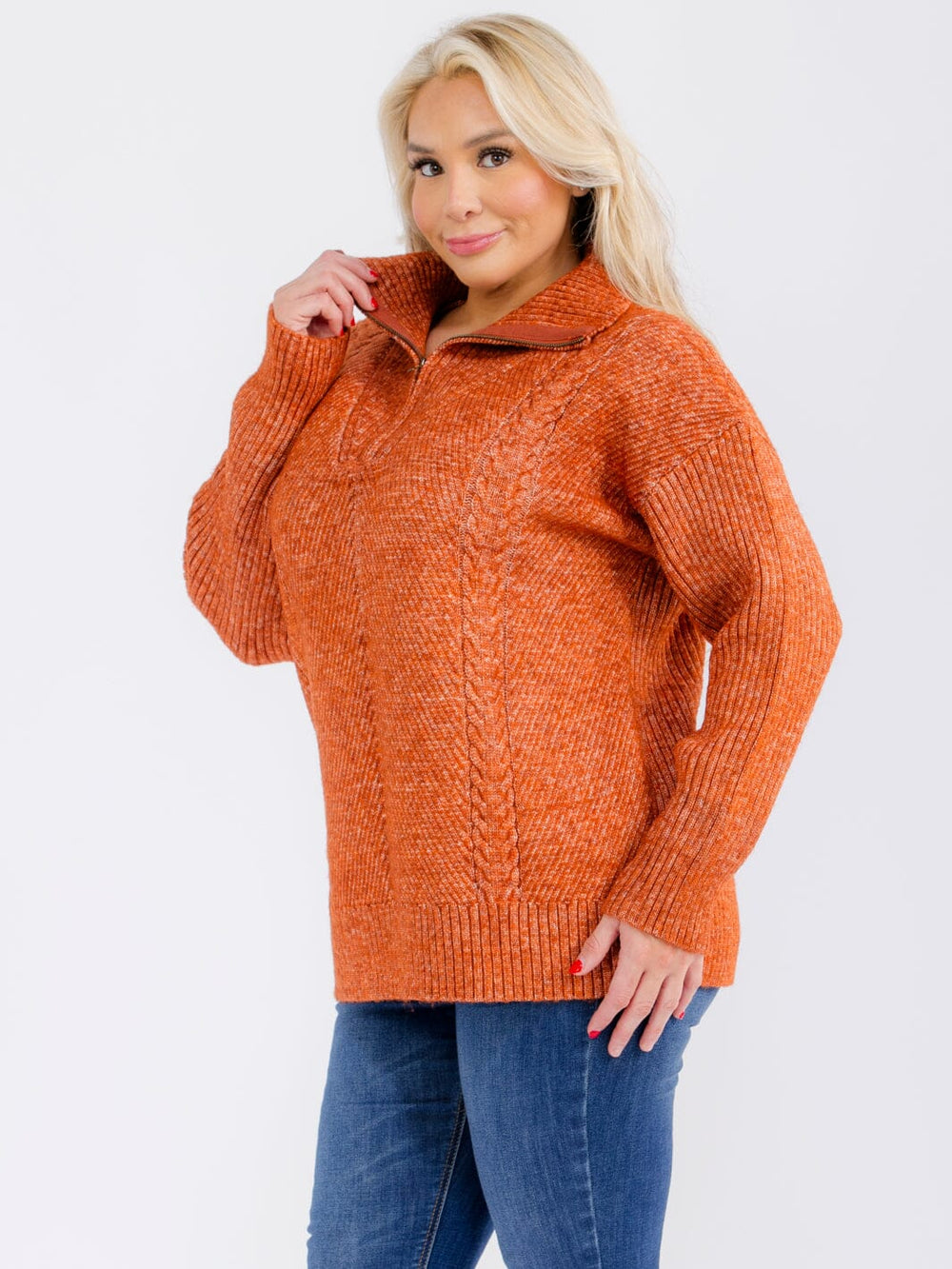 PLUS SIZE LONG SLEEVE ZIP UP PULLOVER SWEATER