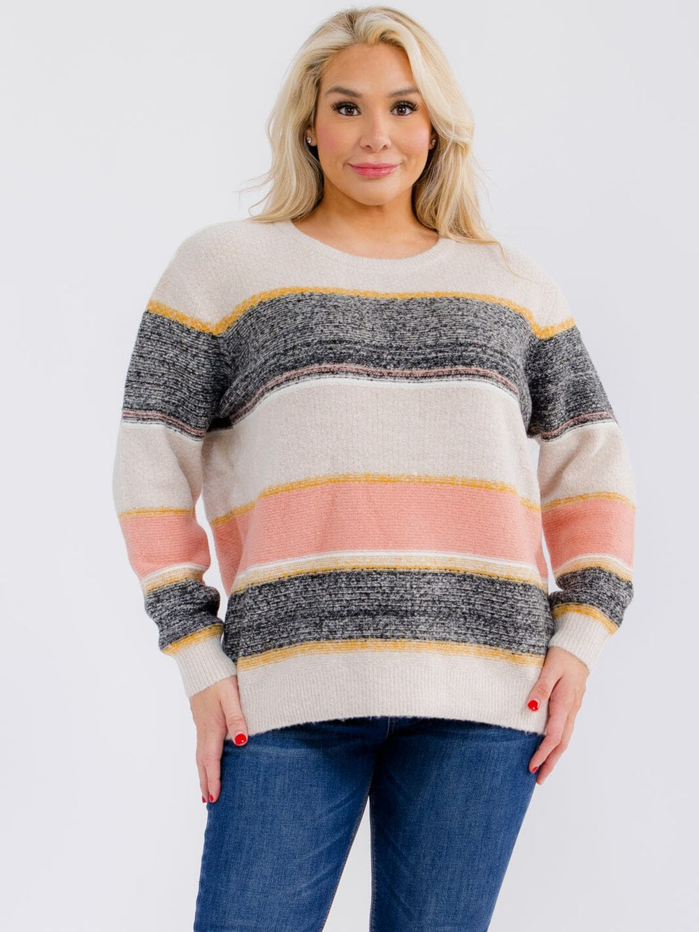 PLUS SIZE LONG SLEEVE COLORBLOCK STRIPES PULLOVER SWEATER