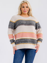 PLUS SIZE LONG SLEEVE COLORBLOCK STRIPES PULLOVER SWEATER