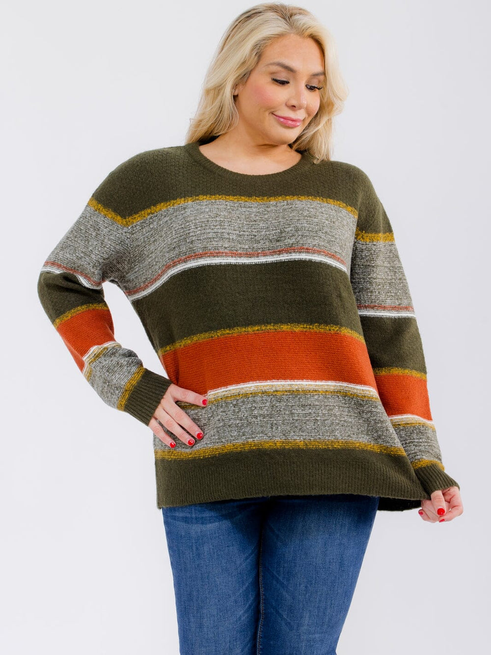 PLUS SIZE LONG SLEEVE COLORBLOCK STRIPES PULLOVER SWEATER