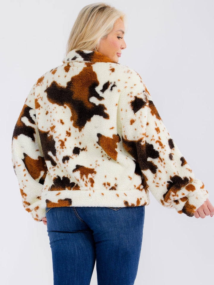 PLUS SIZE LONG SLEEVE ZIPPER CLOSURE FRONT POCKETS ANIMAL PRINT SHERPA JACKET