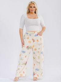 PLUS SIZE BUTTON CLOSURE POCKETS MULTI PRINT WIDE LEG DENIM PANTS