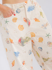 PLUS SIZE BUTTON CLOSURE POCKETS MULTI PRINT WIDE LEG DENIM PANTS