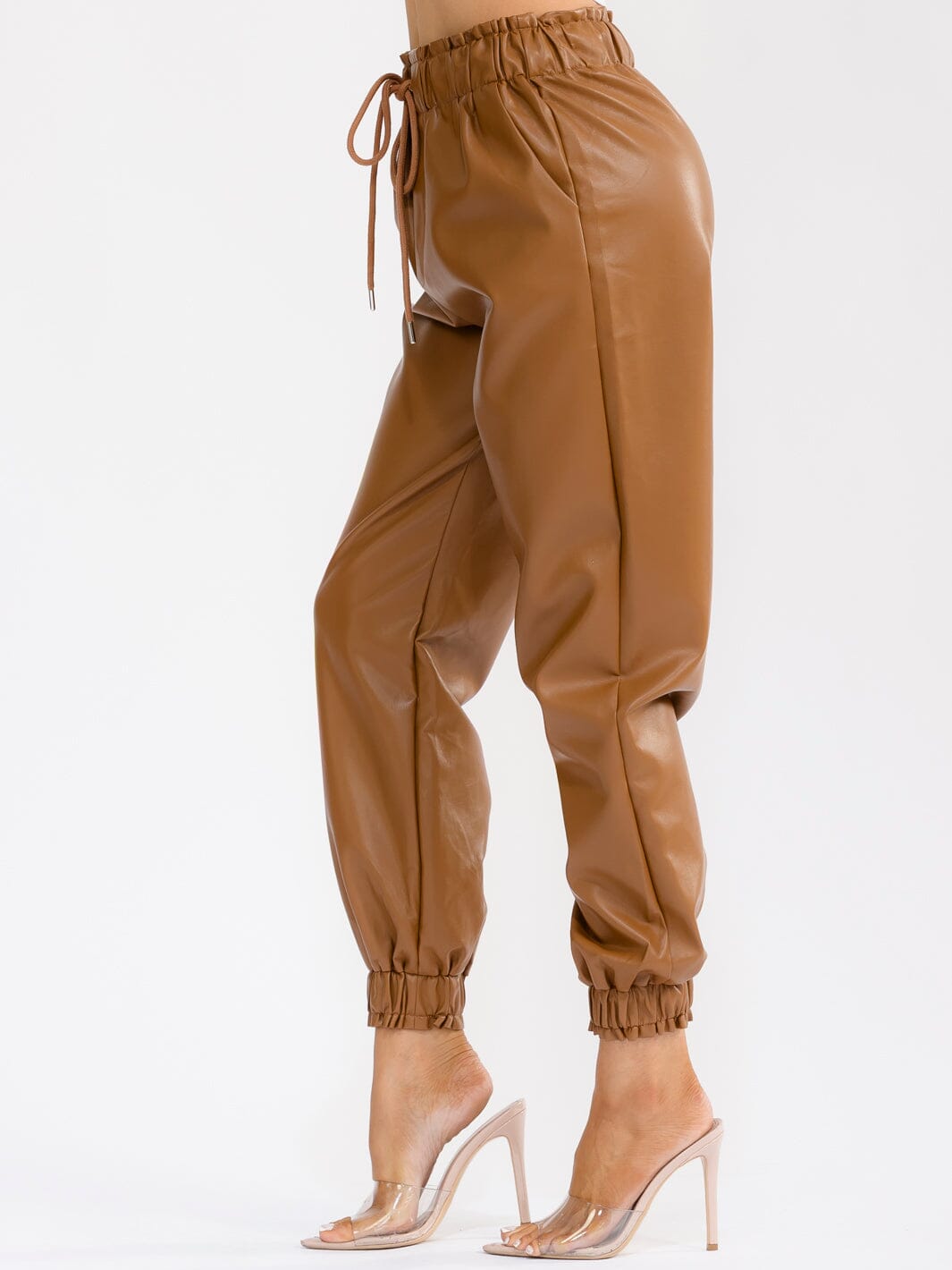 WOMEN'S ELASTIC WAIST FRONT POCKETS JOGGER LEG PU PLEATHER PANTS