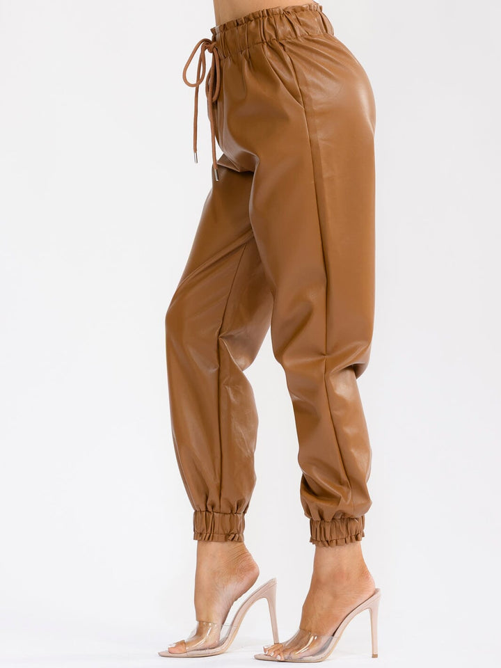 WOMEN'S ELASTIC WAIST FRONT POCKETS JOGGER LEG PU PLEATHER PANTS