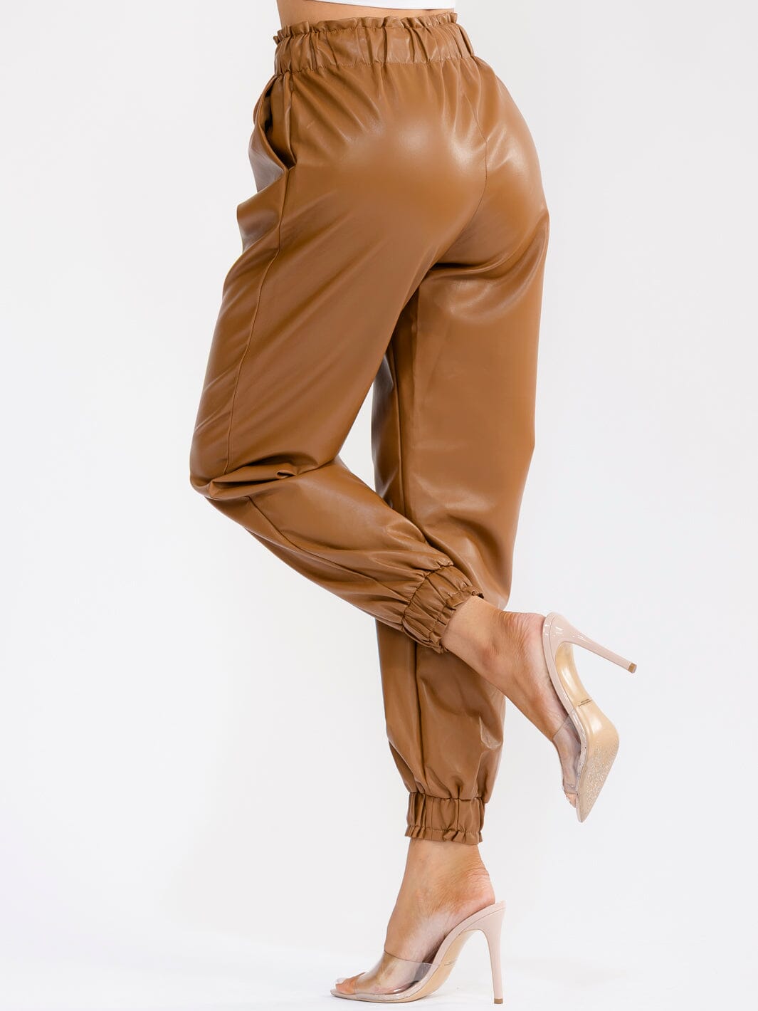 WOMEN'S ELASTIC WAIST FRONT POCKETS JOGGER LEG PU PLEATHER PANTS