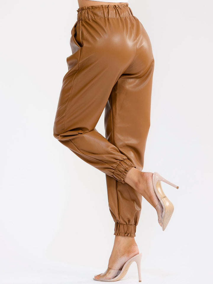 WOMEN'S ELASTIC WAIST FRONT POCKETS JOGGER LEG PU PLEATHER PANTS