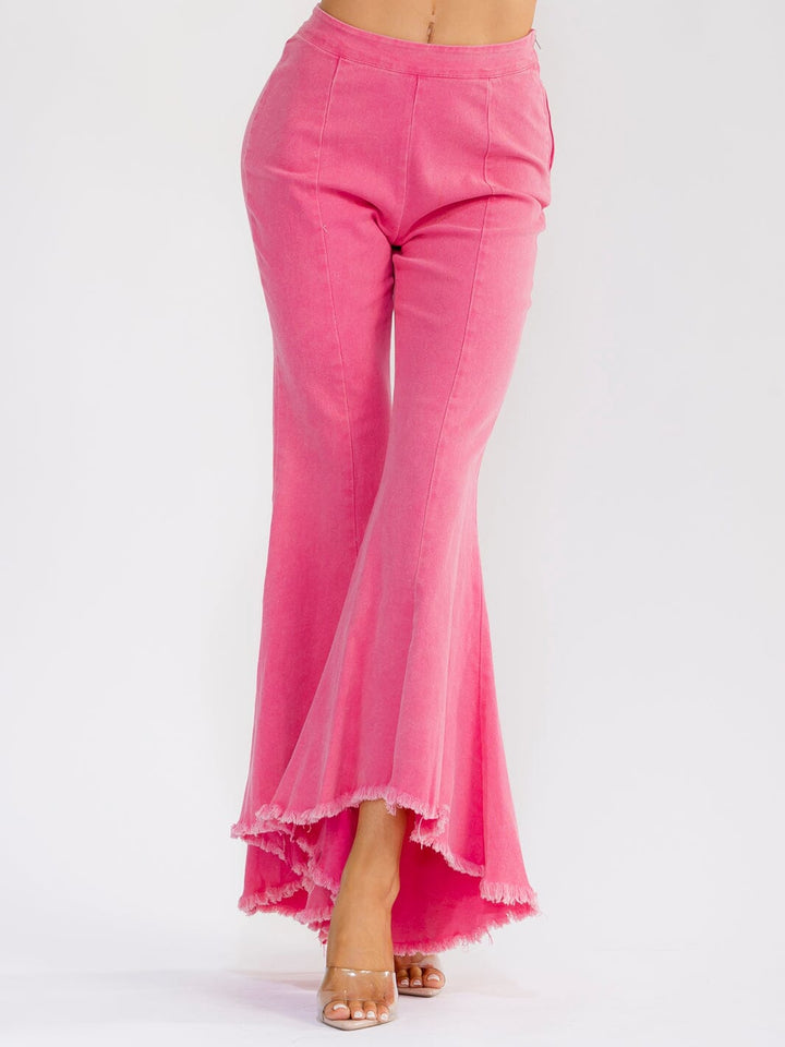 WOMEN'S ZIP UP BELL LEG WASHED STRETCH DENIM PANTS