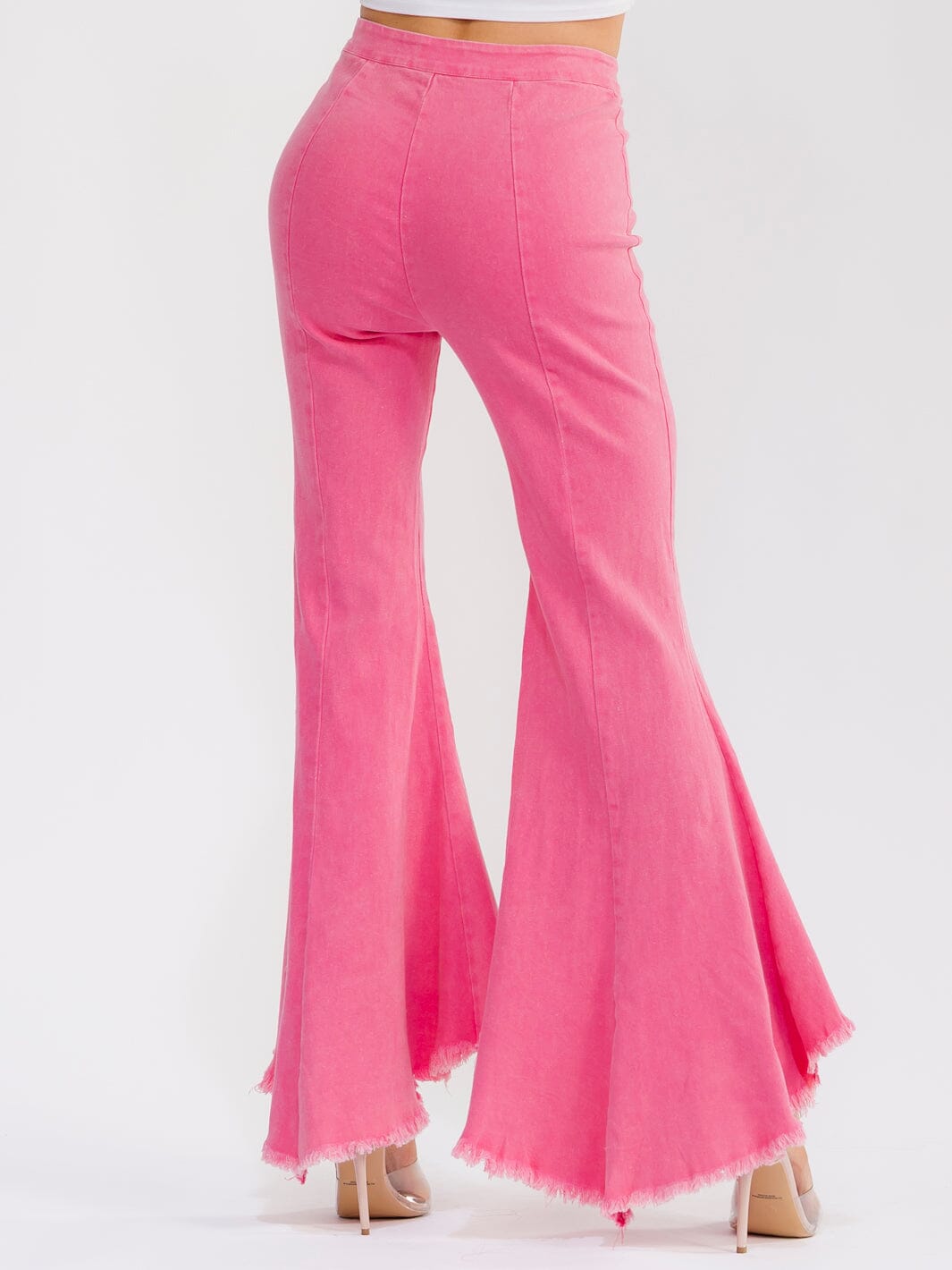 WOMEN'S ZIP UP BELL LEG WASHED STRETCH DENIM PANTS