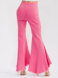 WOMEN'S ZIP UP BELL LEG WASHED STRETCH DENIM PANTS