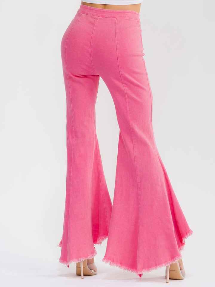 WOMEN'S ZIP UP BELL LEG WASHED STRETCH DENIM PANTS