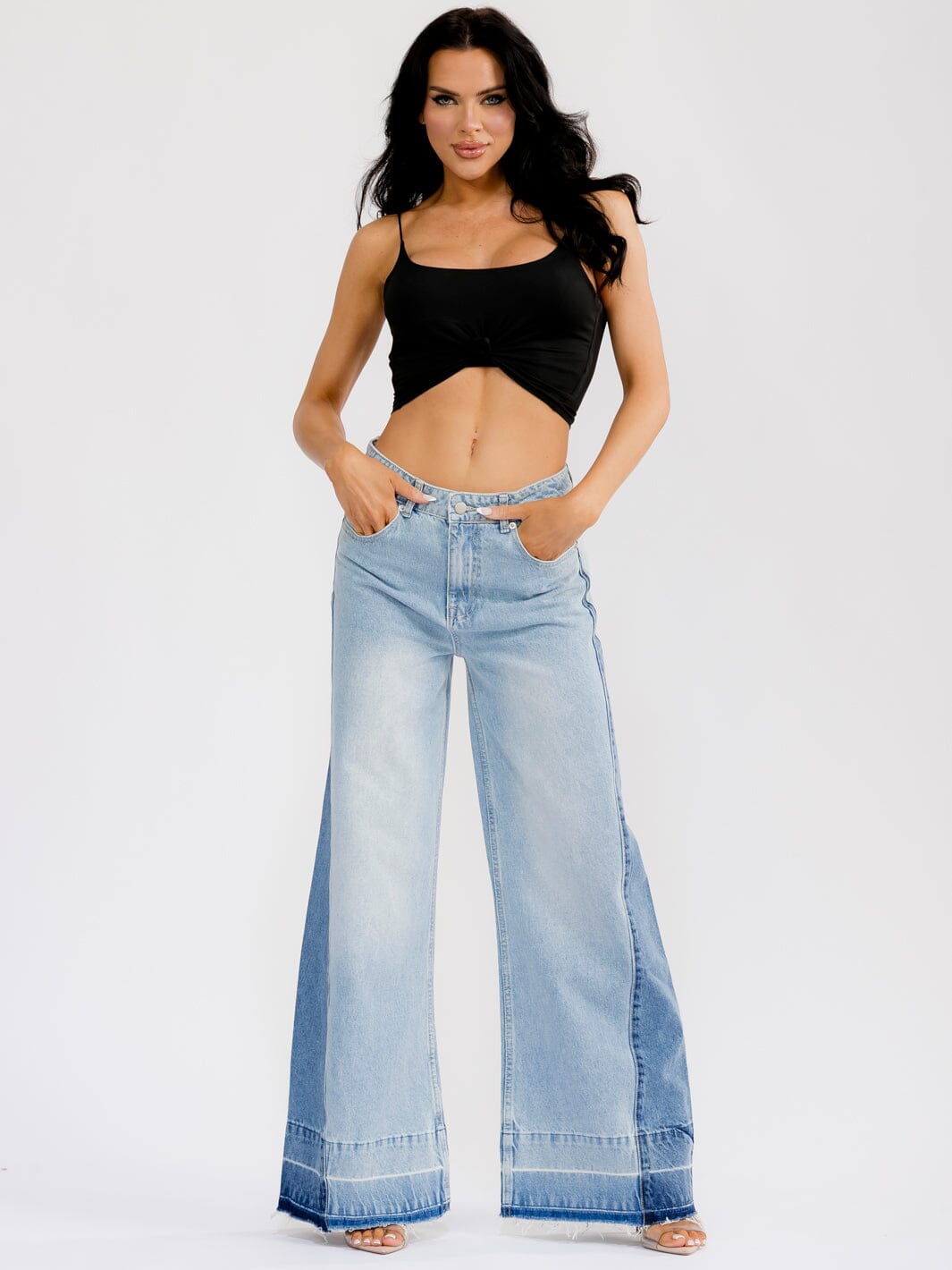 WOMEN'S BUTTON CLOSURE POCKETS TWO TONE DENIM WIDE LEG PANTS