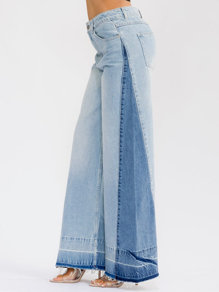 WOMEN'S BUTTON CLOSURE POCKETS TWO TONE DENIM WIDE LEG PANTS