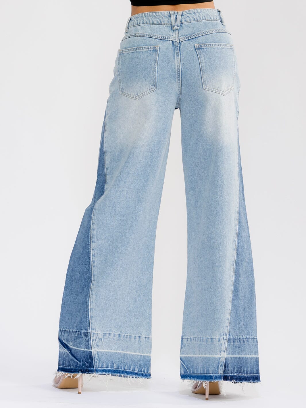 WOMEN'S BUTTON CLOSURE POCKETS TWO TONE DENIM WIDE LEG PANTS
