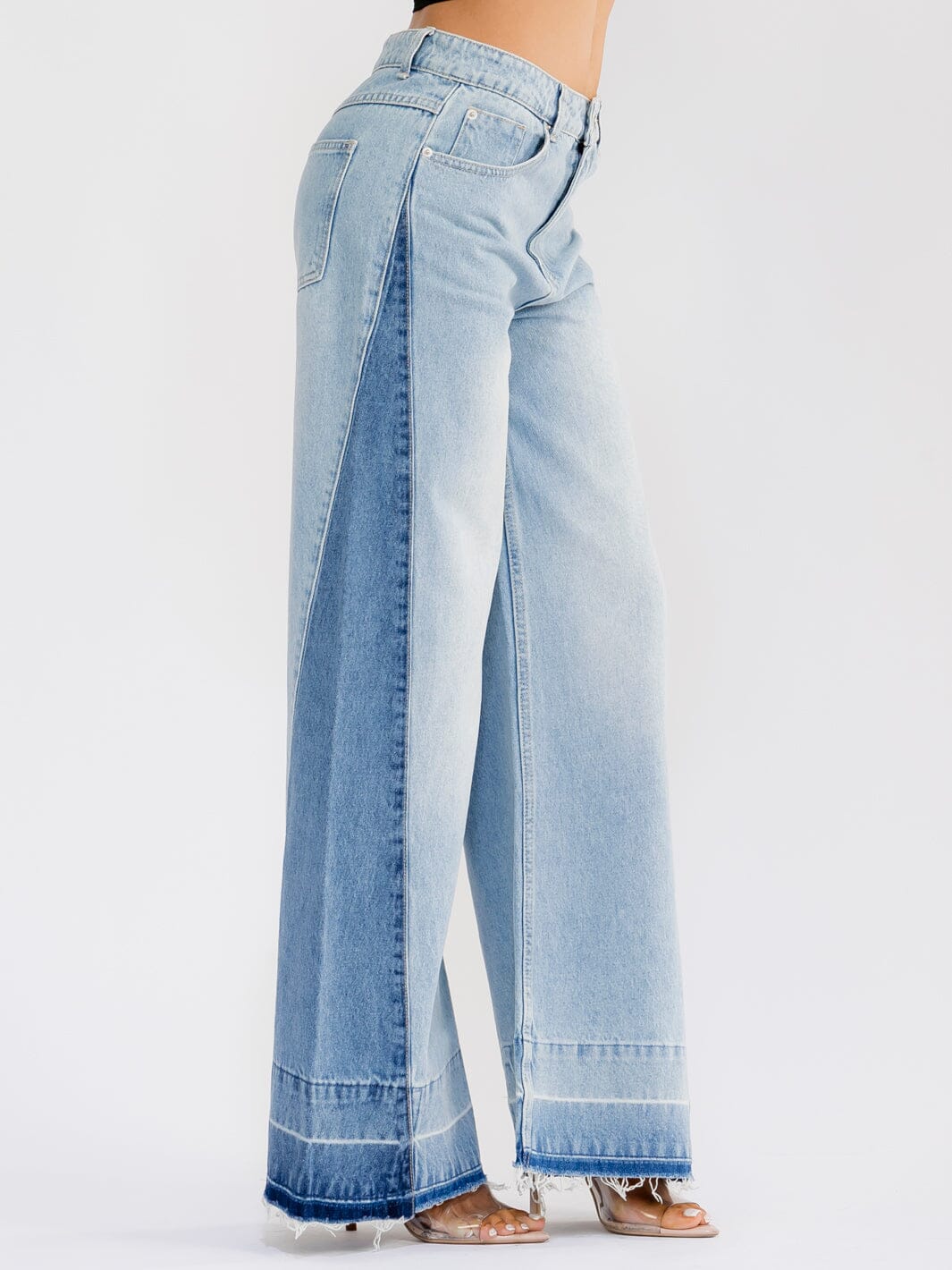 WOMEN'S BUTTON CLOSURE POCKETS TWO TONE DENIM WIDE LEG PANTS