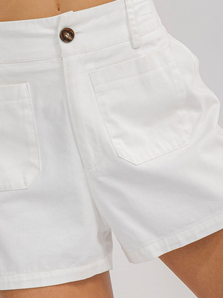 WOMEN'S ELASTIC WAIST BUTTON CLOSURE POCKETS DENIM MINI SHORTS