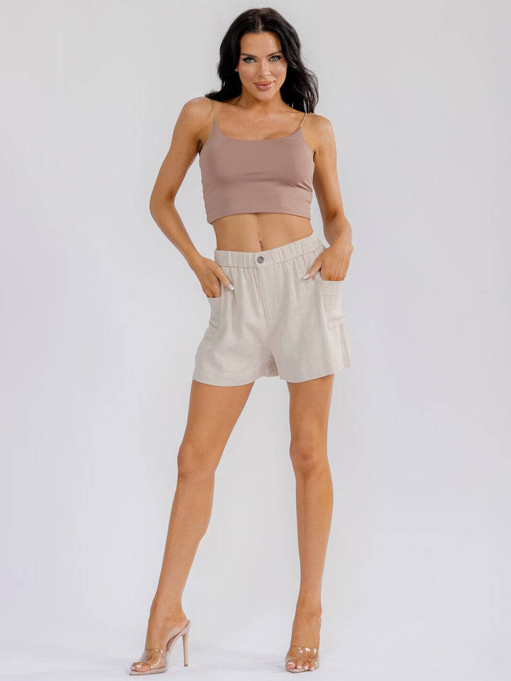 WOMEN'S ELASTIC WAIST BUTTON CLOSURE POCKETS LINEN MINI SHORTS