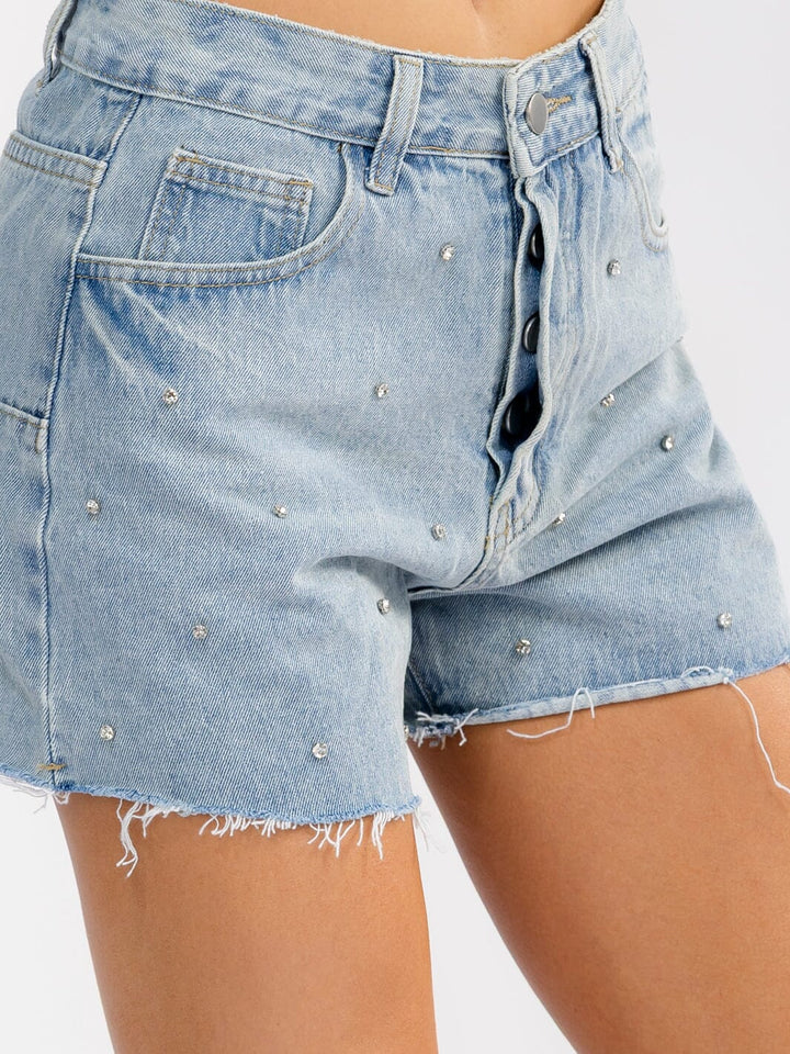 WOMEN'S BUTTON CLOSURE POCKETS RHINESTONES RAW EDGE DENIM MINI SHORTS