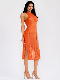 WOMEN'S SLEEVELESS SIDE SLIT CROCHET BODYCON MIDI DRESS