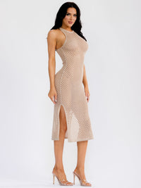 WOMEN'S SLEEVELESS SIDE SLIT CROCHET BODYCON MIDI DRESS