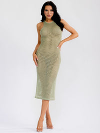 WOMEN'S SLEEVELESS SIDE SLIT CROCHET BODYCON MIDI DRESS