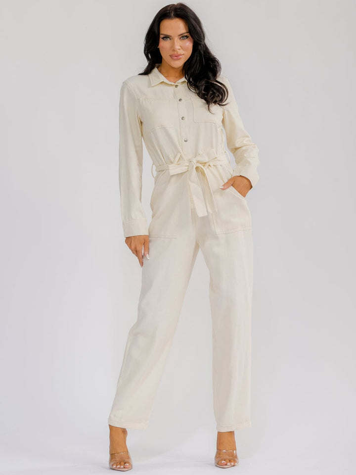 WOMEN'S LONG SLEEVE BUTTON UP SELF TIE STARIGHT LEG WASHED DENIM JUMPSUIT
