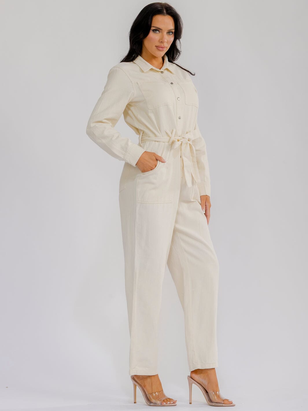 WOMEN'S LONG SLEEVE BUTTON UP SELF TIE STARIGHT LEG WASHED DENIM JUMPSUIT