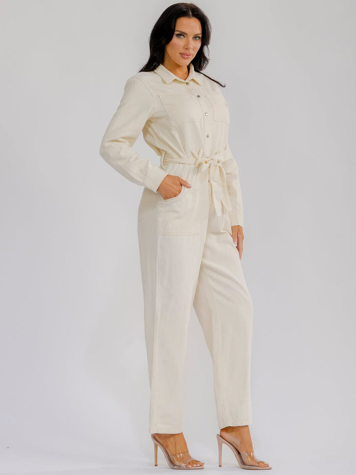 WOMEN'S LONG SLEEVE BUTTON UP SELF TIE STARIGHT LEG WASHED DENIM JUMPSUIT