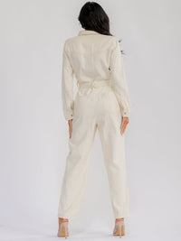 WOMEN'S LONG SLEEVE BUTTON UP SELF TIE STARIGHT LEG WASHED DENIM JUMPSUIT