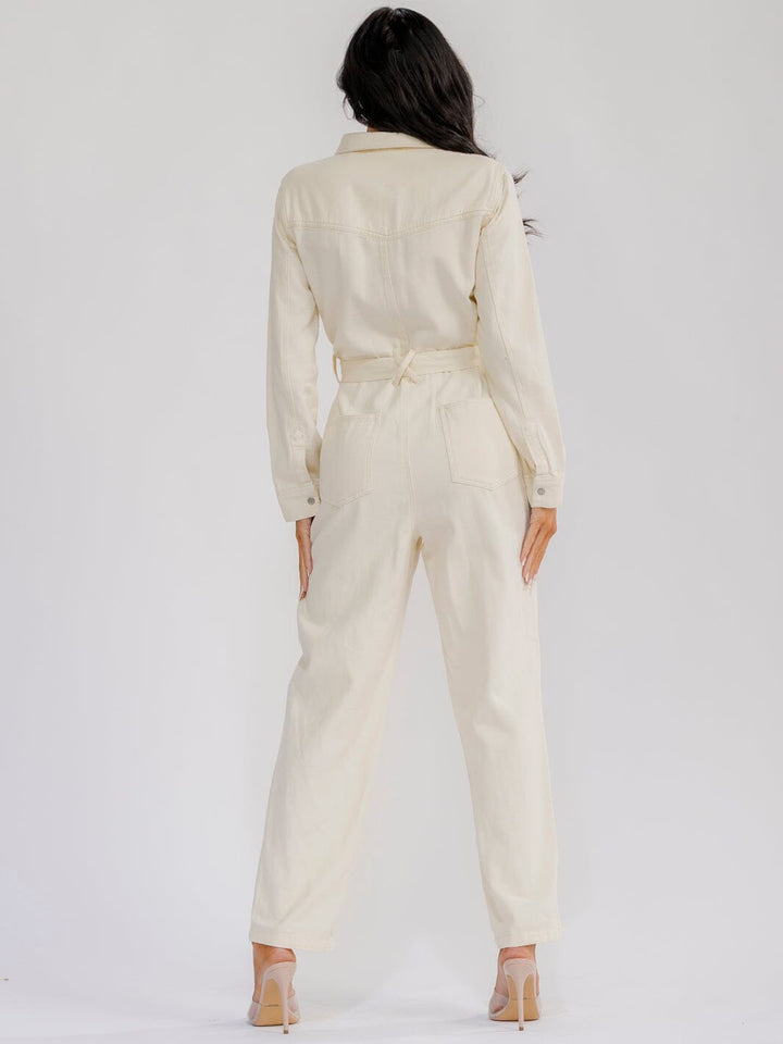 WOMEN'S LONG SLEEVE BUTTON UP SELF TIE STARIGHT LEG WASHED DENIM JUMPSUIT