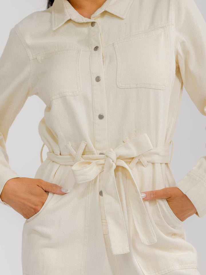 WOMEN'S LONG SLEEVE BUTTON UP SELF TIE STARIGHT LEG WASHED DENIM JUMPSUIT