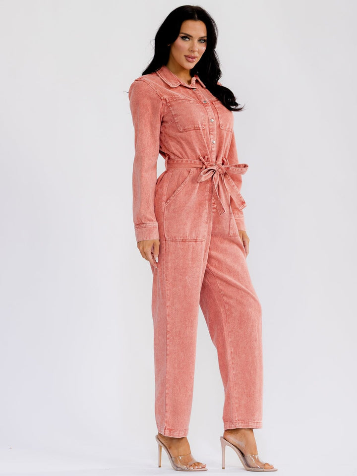 WOMEN'S LONG SLEEVE BUTTON UP SELF TIE STARIGHT LEG WASHED DENIM JUMPSUIT