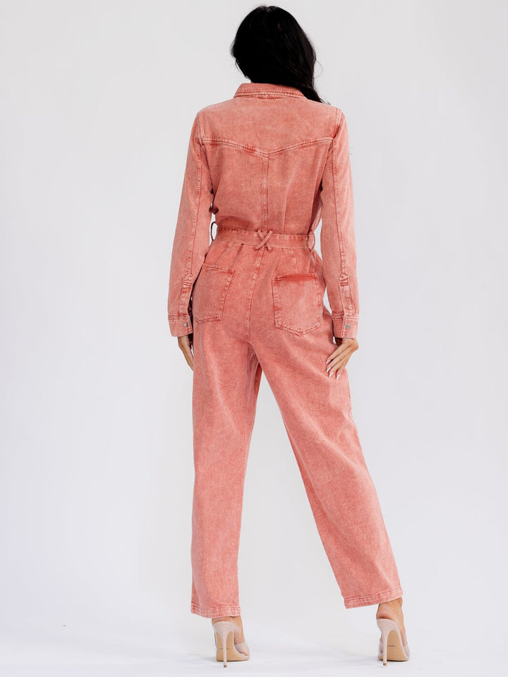 WOMEN'S LONG SLEEVE BUTTON UP SELF TIE STARIGHT LEG WASHED DENIM JUMPSUIT