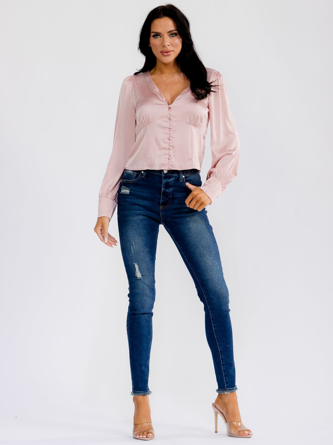 WOMEN'S LONG SLEEVE V-NECK BUTTON UP BLOUSE