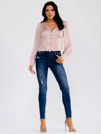 WOMEN'S LONG SLEEVE V-NECK BUTTON UP BLOUSE
