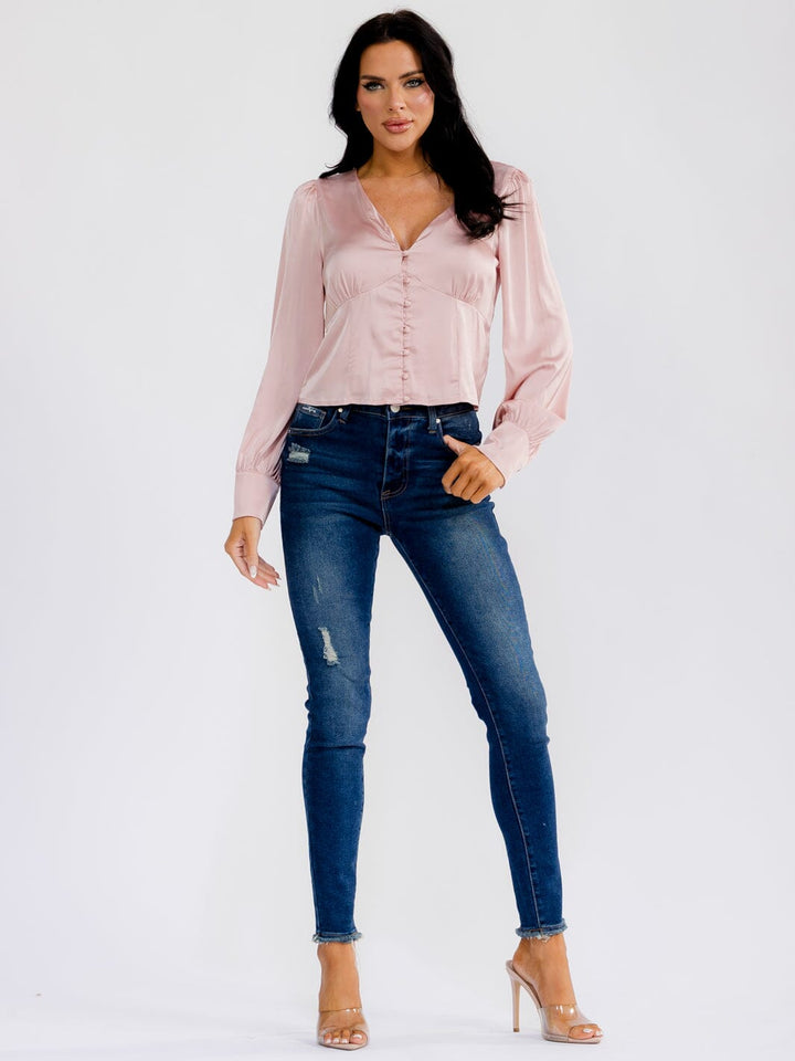WOMEN'S LONG SLEEVE V-NECK BUTTON UP BLOUSE