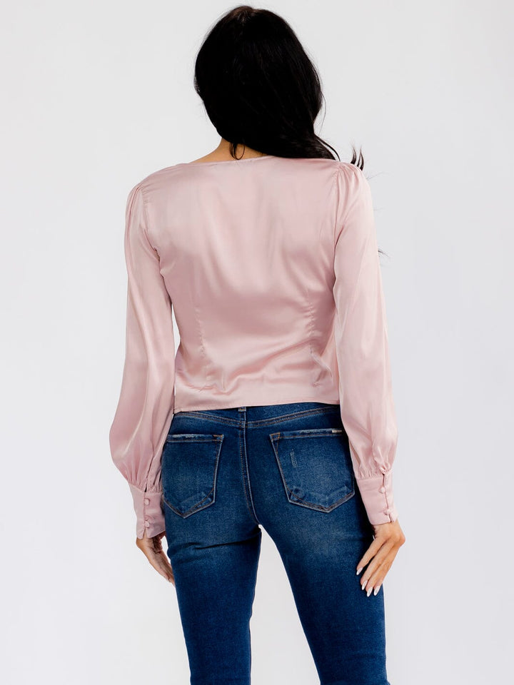 WOMEN'S LONG SLEEVE V-NECK BUTTON UP BLOUSE