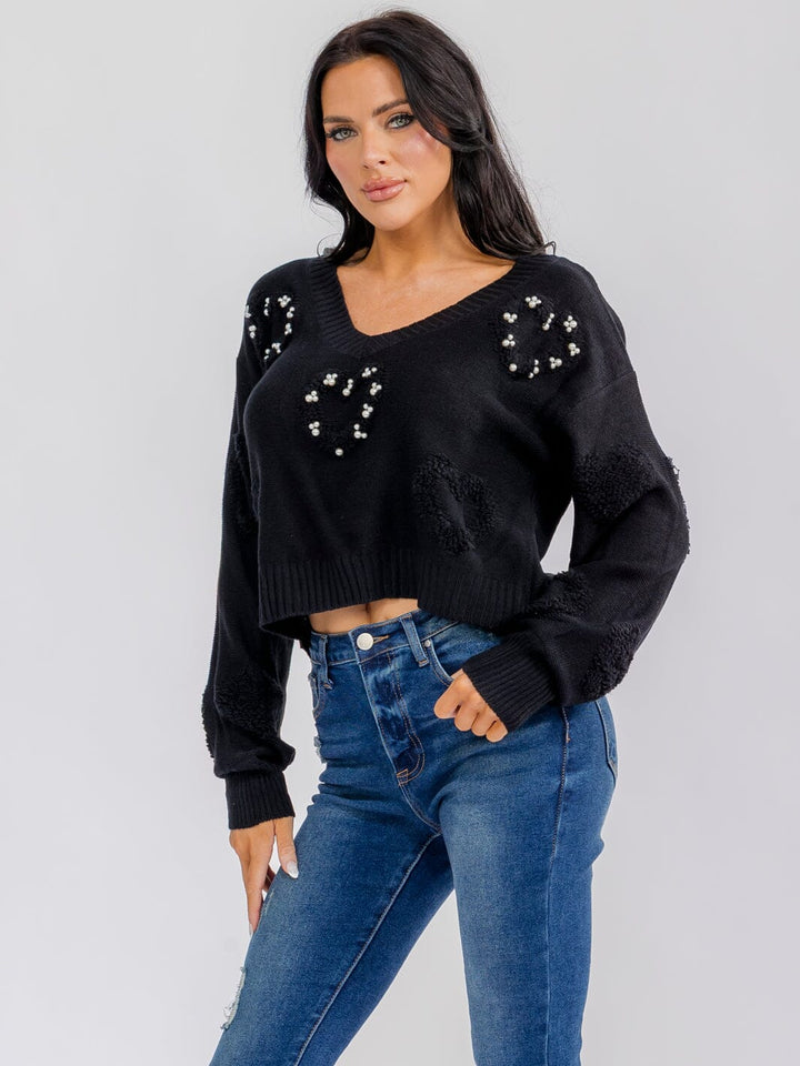 WOMEN'S LONG SLEEVE V-NECK HEART DETAILED PULLOVER SWEATER